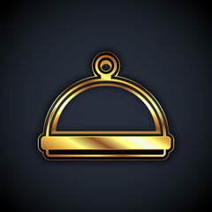 Gold Covered with a tray of food icon isolated on black background. Tray and lid sign. Restaurant cloche with lid. Kitchenware symbol. Vector