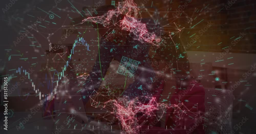 Poster animation of network of connections over caucasian couple using computer
