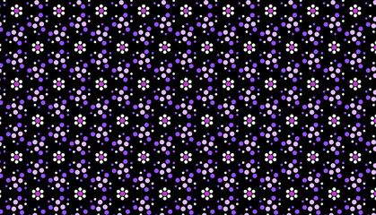 Fototapeta na wymiar Cute folk romantic seamless pattern with simple flat small polka dot flowers on a black background
