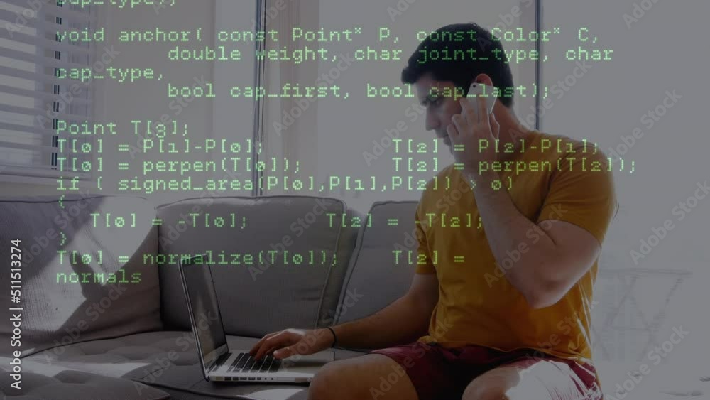 Poster animation of data processing over caucasian businessman talking on smartphone