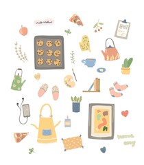 A large set of elements of home comfort and decor. Vector icons of household utensils details.