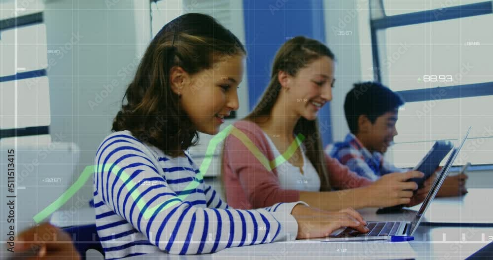 Aufkleber animation of data processing over diverse students talking