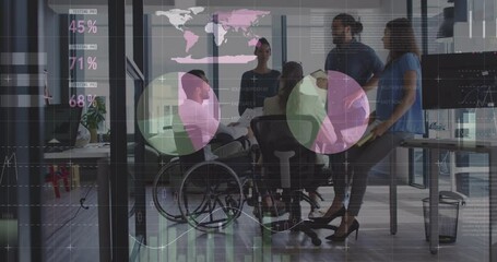 Animation of data processing over diverse and disabled business people at meeting - Powered by Adobe