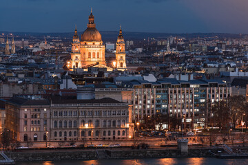 St. Stephen's basilica and Budapest cityscape at night. Hungary