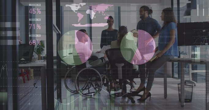 Animation of data processing over diverse and disabled business people at meeting