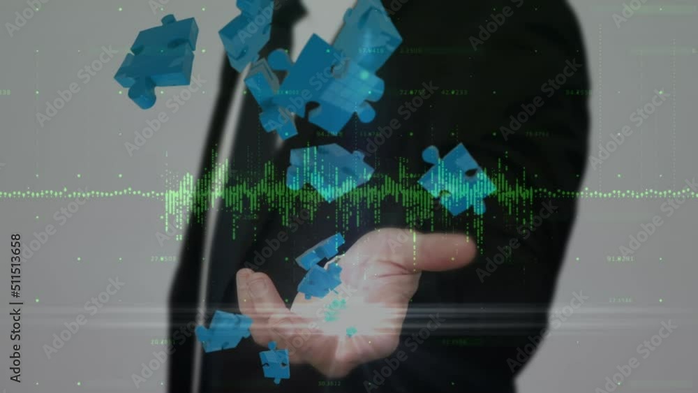 Poster animation of caucasian businessman over puzzle and data processing