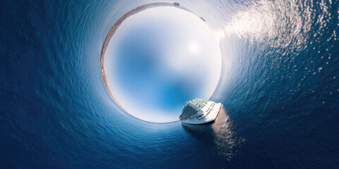 Cruise ship sailing to the sky. Stereographic projection