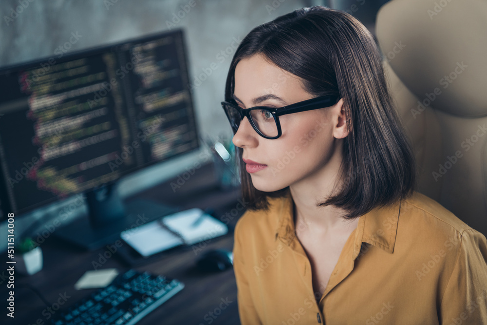 Aufkleber profile side view portrait of attractive smart clever qualified girl cyber engineer editor developin