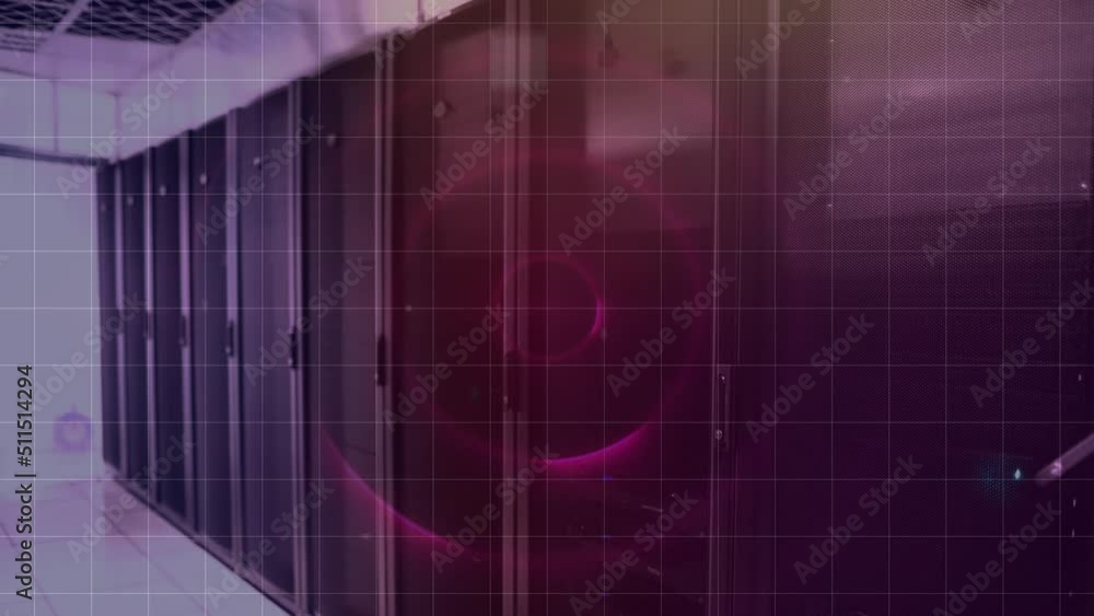 Poster animation of circles and squares lights moving over servers