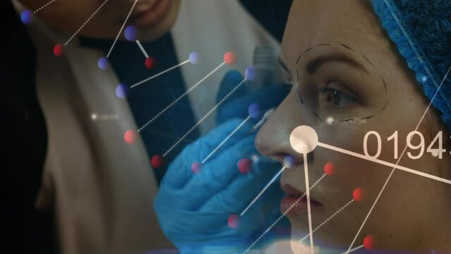 Animation of dna rotating over hands of doctor preparing caucasisn woman to plastic surgery