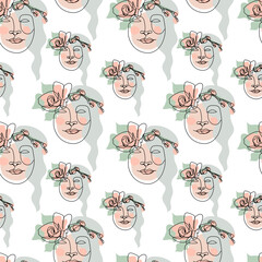 Seamless pattern with one single line drawings of female face and orchid flowers. Black line on white background