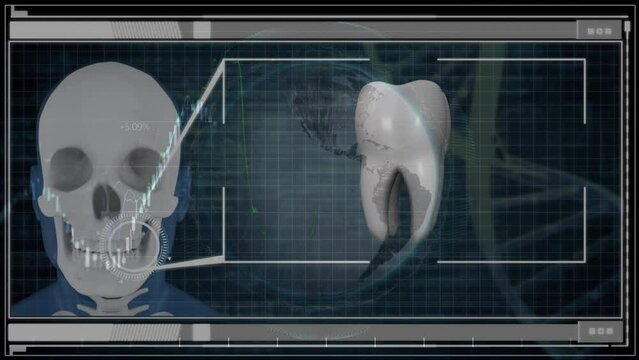 Animation of skull, globe, tooth and diverse data processing on digital screen