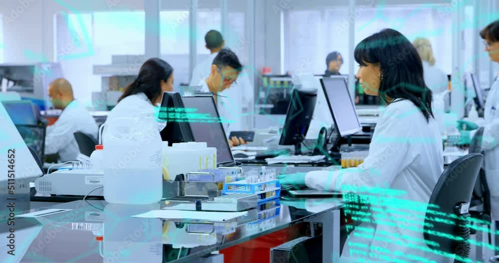 Poster animation of chemical formulas and data processing over diverse lab workers using computers
