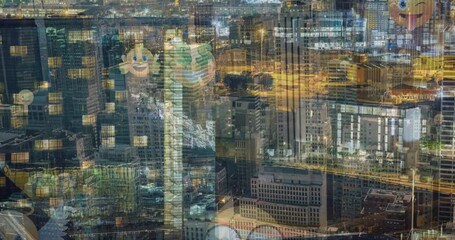 Animation of emoticons floating over cityscape - Powered by Adobe