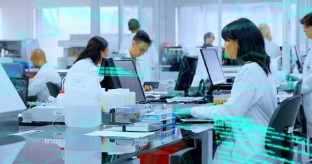 Animation of chemical formulas and data processing over diverse lab workers using computers - Powered by Adobe