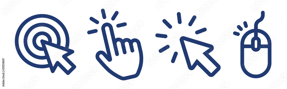 Aufkleber Click with mouse computer and finger vector icon set. Cursor arrow clicking outline symbol illustration.