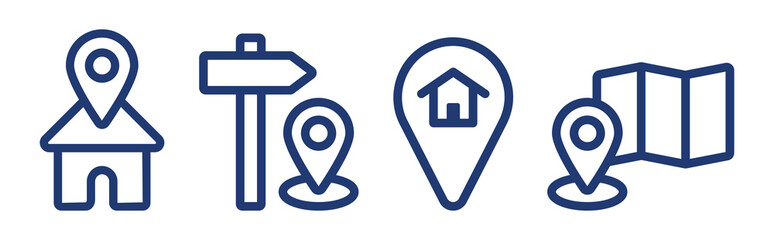 Address icon outline vector set. Map pin, location, home and place symbol illustration. Navigation element concept.