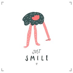 Cartoon character cute ostrich, handwritten quote just smile. Vector illustration