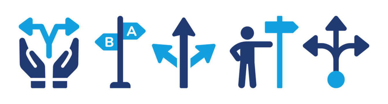 Direction sign vector icon set. Choose option and decision making symbol illustration.