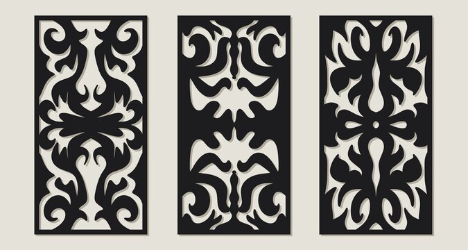 Laser cut pattern set. Vector design with elegant geometric ornament, abstract floral grid, mesh. Template for cnc cutting, decorative panels of wood, metal, paper, plastic