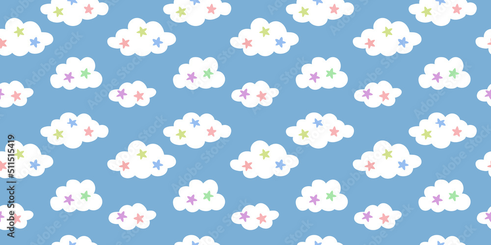 Poster Cute clouds vector background with colorful stars, seamless pattern