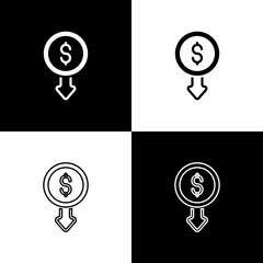 Set Dollar rate decrease icon isolated on black and white background. Cost reduction. Money symbol with down arrow. Business lost crisis decrease. Vector
