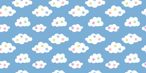 Cute clouds vector background with colorful stars, seamless pattern