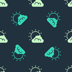 Green and beige Sun and cloud weather icon isolated seamless pattern on blue background. Vector