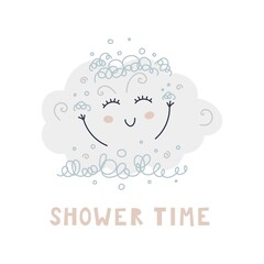 Children's print : Shower time. Vector illustration, hand-drawn for posters, postcards, labels, brochures, leaflets, pages, banners, children's clothing and room. Cute cloud takes a shower.