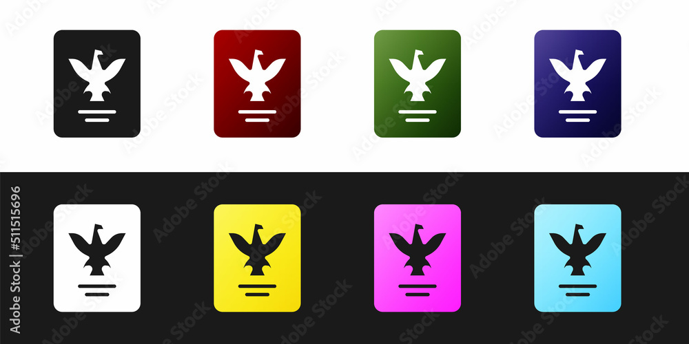Poster set passport with biometric data icon isolated on black and white background. identification documen