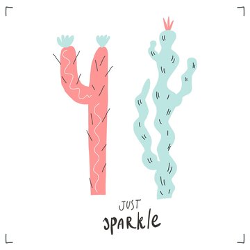Ccartoon character cute cactus and handwritten quote just smile. Vector illustration