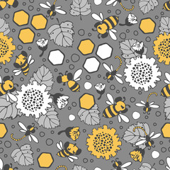 Floral pattern. Seamless vector pattern with large sunflower flowers, bees and dragonflies, small buds on a branch, various foliage. Botanical print printing of fabrics products.
