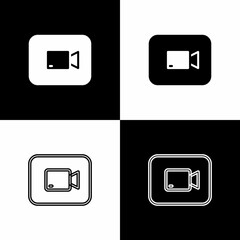 Set Play video button icon isolated on black and white background. Film strip sign. Vector