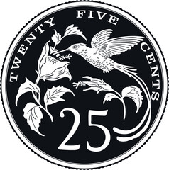 jamaica coin 25 cent with hummingbird handmade silhouette - obrazy, fototapety, plakaty