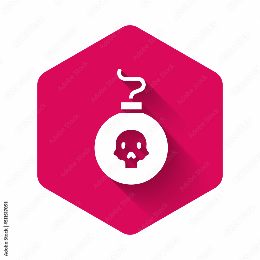 Poster white bomb ready to explode icon isolated with long shadow background. pink hexagon button. vector