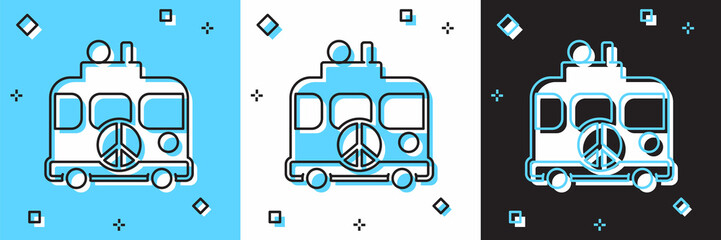 Set Hippie camper van icon isolated on blue and white, black background. Travel by vintage bus. Tourism, summer holiday. Vector