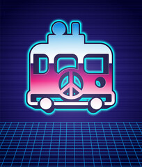 Retro style Hippie camper van icon isolated futuristic landscape background. Travel by vintage bus. Tourism, summer holiday. 80s fashion party. Vector