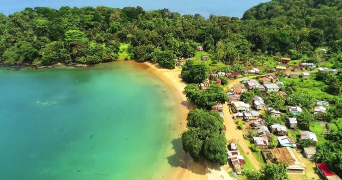 Aerial view from abade beach.A fisherman's village at Prince Island,Sao Tome,Africa.Príncipe is the world's first Biosphere Reserve by UNESCO,Sao Tome,Africa