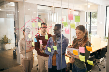 Young creative start up team brainstorming in front of mind map on glass wall.