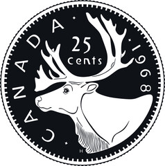Canada 25 cents coin with deer head  black design handmade silhouette