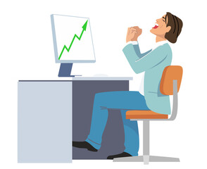 Happy businessman winning a profit following rising stock market finance trend. Working on office, business. Vector illustration.