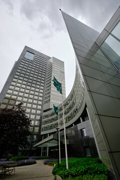 Amsterdam, Netherlands - May 25, 2022: ABN Amro headquarters building in Zuidas business district. Wide angle view.