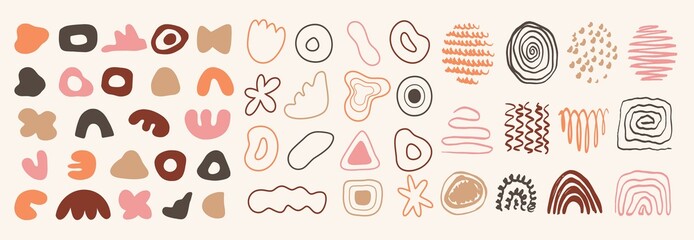 Big set of different abstract shapes and doodles in pastel colors. Hand drawn doodles. Modern fashion illustration. Flat design, cartoon drawing, vector.