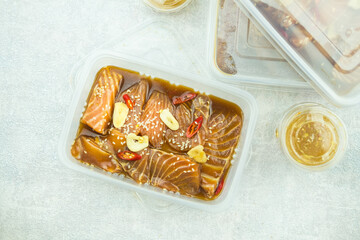 A box of Salmon Korean soy sauce marinated Korean food style