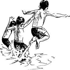 Hand sketch of boys jumping into the water. Vector illustration.
