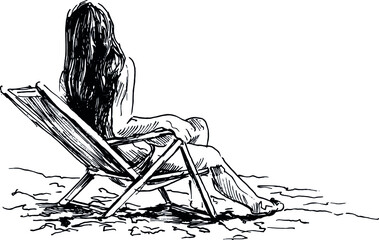 Hand sketch of a woman on a beach chair. Vector illustration.