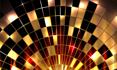 Abstract 3d red and gold, glass, metal, mosaic background. Multicolor gold abstract lights disco background square pixel mosaic. Disco ball. Casino gambling banner concept backdrop. Vector EPS10