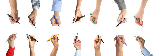 Collage with photos of people holding pens on white background. Banner design