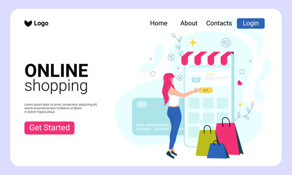 Shop online. Website template: Woman making an online purchase by phone