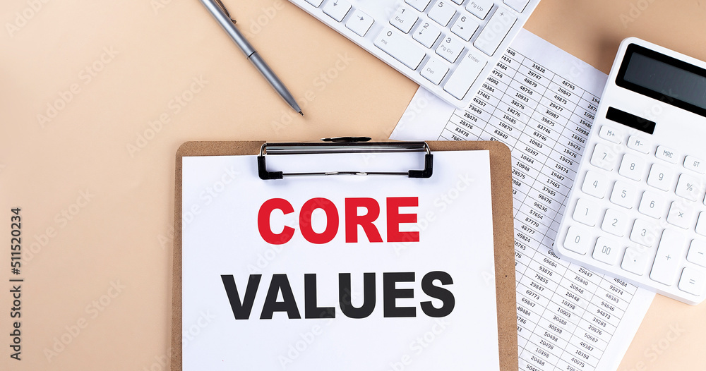 Poster clipboard with white blank paper text core values , keyboard calculator and chart, top view. busines